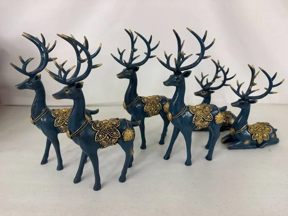 Set of 6 Decorative Deer Figurines Navy Blue Gold Accents Christmas Home Decor